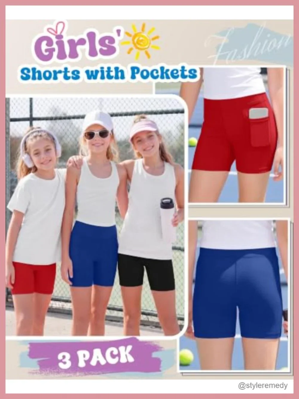 Girls 3 Pack Biker Shorts with Pockets Athletic Kids Dance Yoga Gymnastics